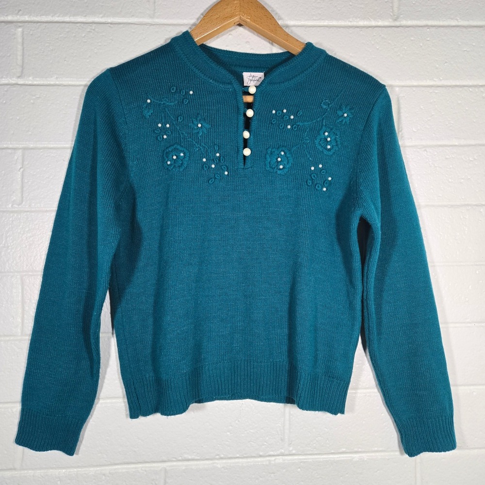 Vtg Adrienne Delafield Teal Embroidered Floral‎ Henley Sweater Large Grannycore